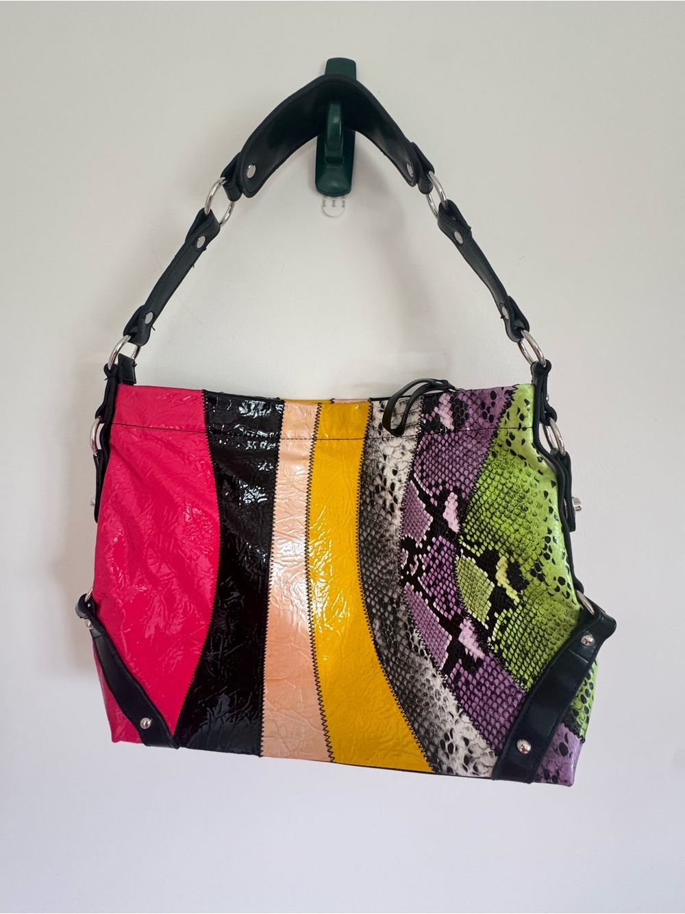 Multicolor Snake-Print Patchwork Patent leather Shoulder Bag